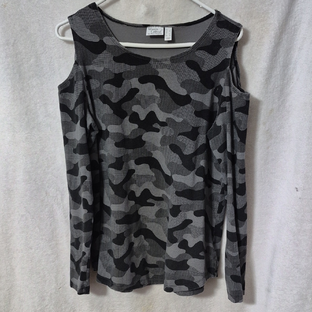 White House Black Market Gray Camouflage Cold Shoulder Top